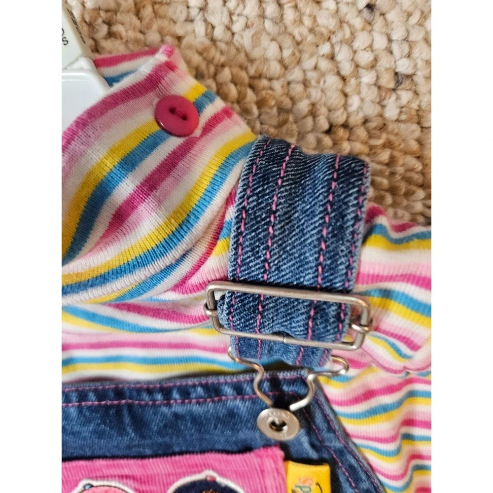 Vintage Cheerios Kids Denim Overalls Striped Turtleneck Set Pink Blue 90s Floral